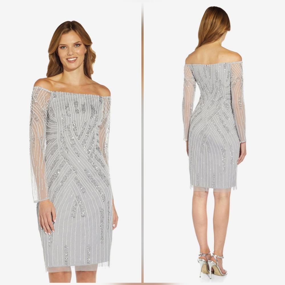 Adrianna Papell | Off Shoulder Hand Beaded Long Sleeve Midi Sheath Dress